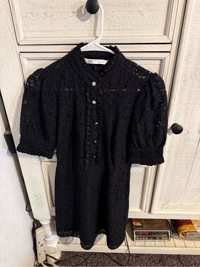 Zara Black Lace Puff-Sleeve Mini Dress with Ruffle Collar
